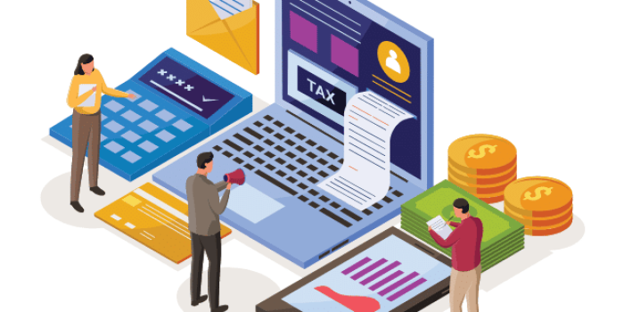 Isometrische illustratie van een laptop met belastingscherm, rekenmachine, munten, geld en drie mensen die administratie doen